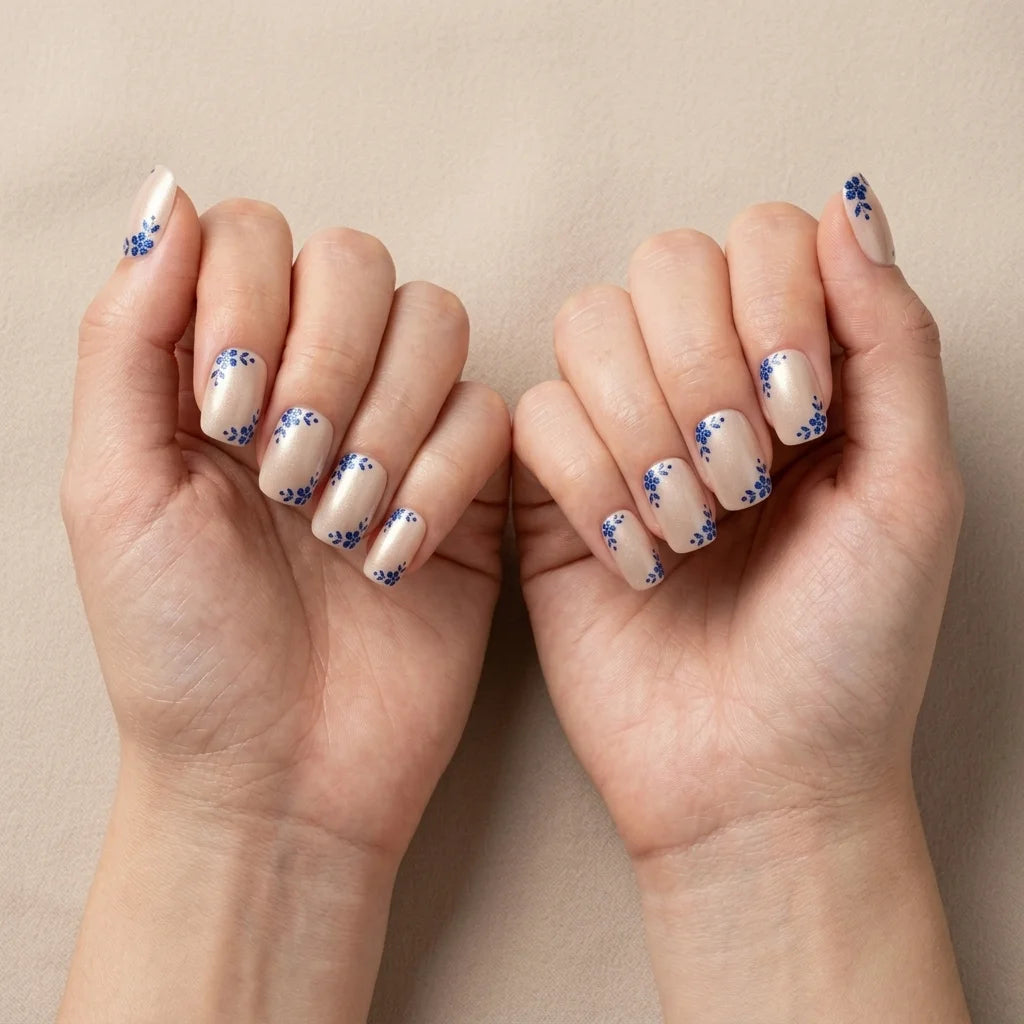 nude blue hand painted chrome square short press on nails floral pattern lifestyle 03