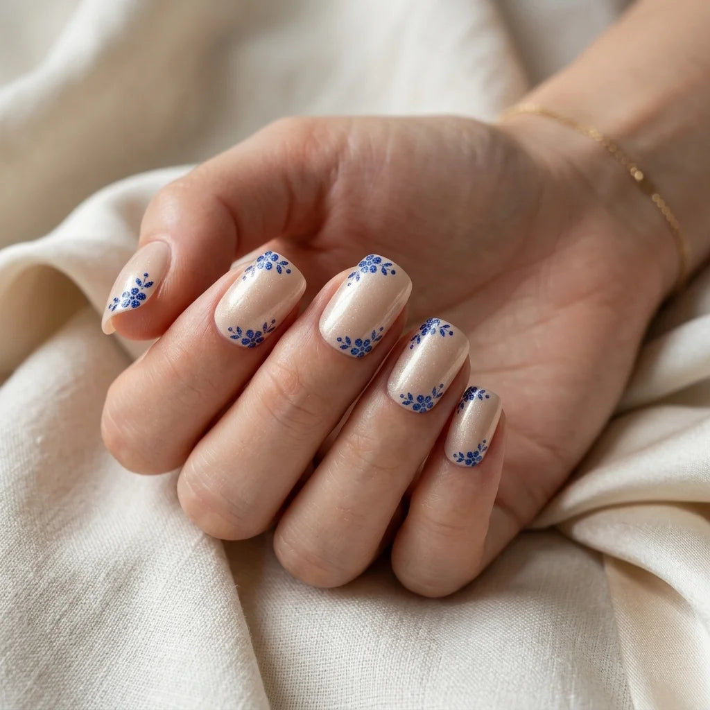 nude blue hand painted chrome square short press on nails floral pattern mockup 01
