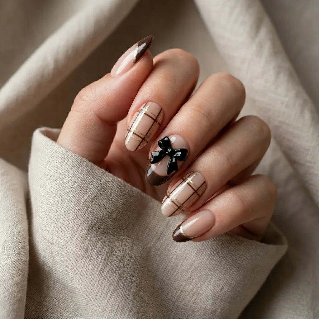 nude brown black 3d french tip almond press on nails checkered ribbon bow detail 03
