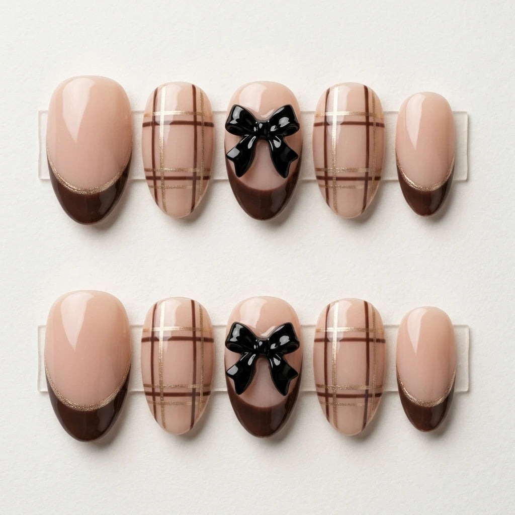 nude brown black 3d french tip almond press on nails checkered ribbon bow detail 04
