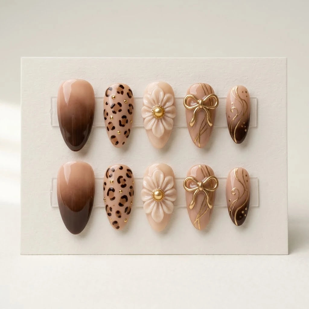 nude brown gold 3d ombre almond press on nails leopard floral bow detail 01