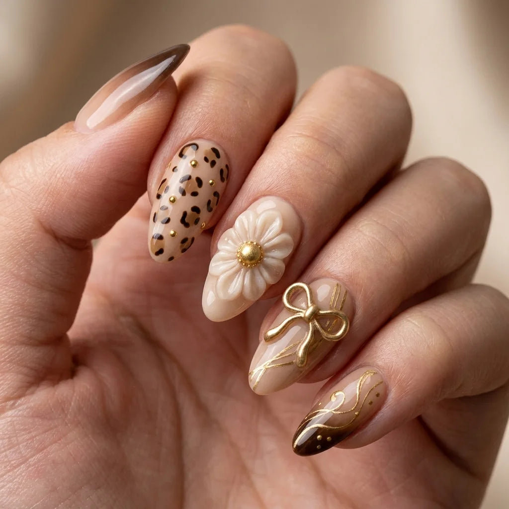 nude brown gold 3d ombre almond press on nails leopard floral bow lifestyle 01