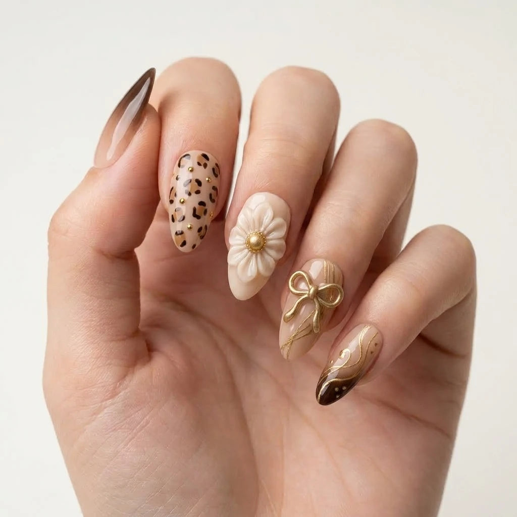 nude brown gold 3d ombre almond press on nails leopard floral bow mockup 01