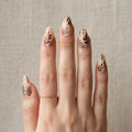 nude brown hand painted almond press on nails metallic leaf detail 03