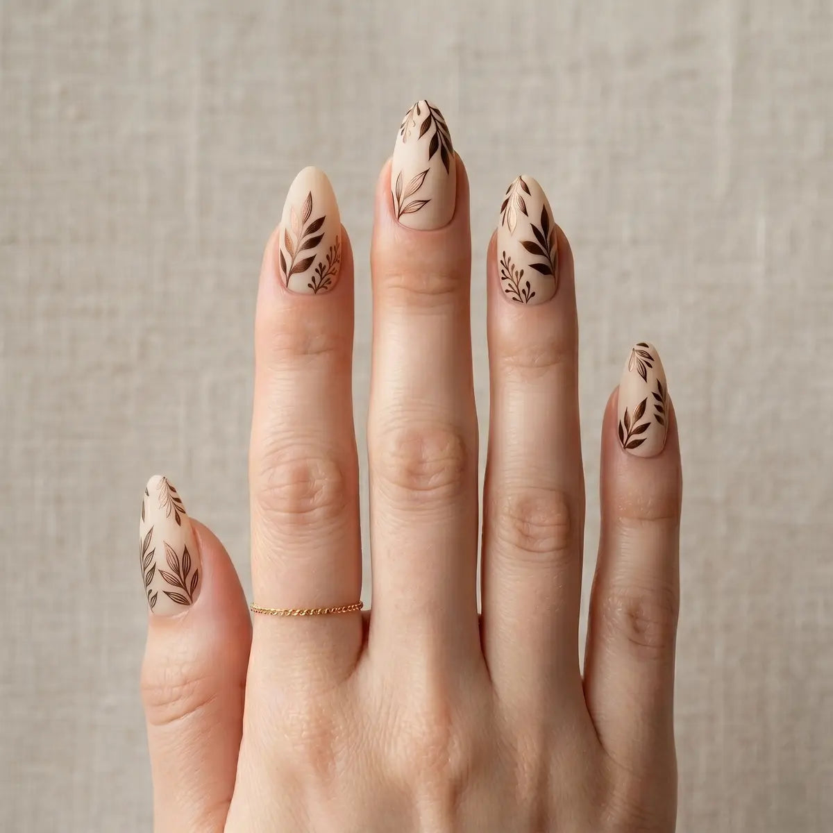 nude brown hand painted almond press on nails metallic leaf detail 03