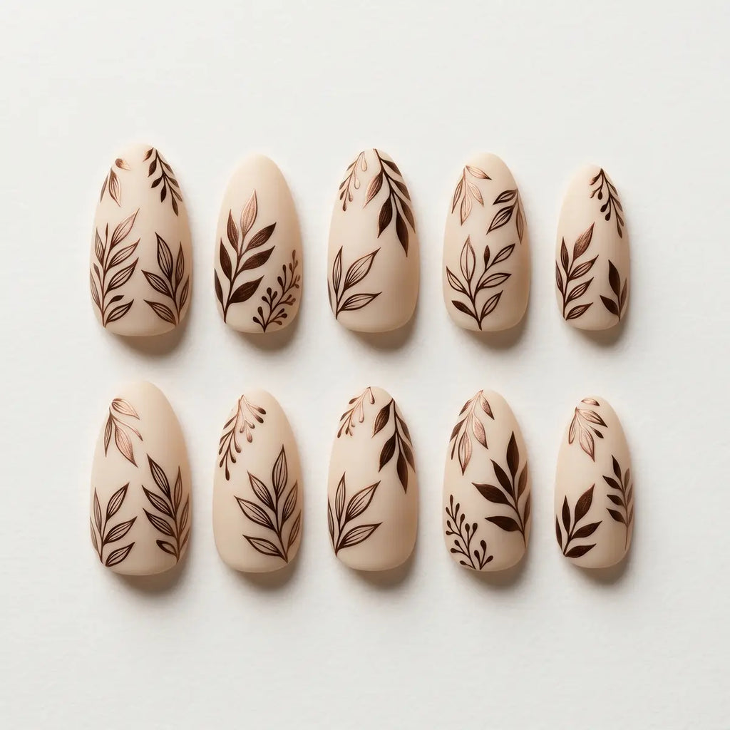 nude brown hand painted almond press on nails metallic leaf lifestyle 02
