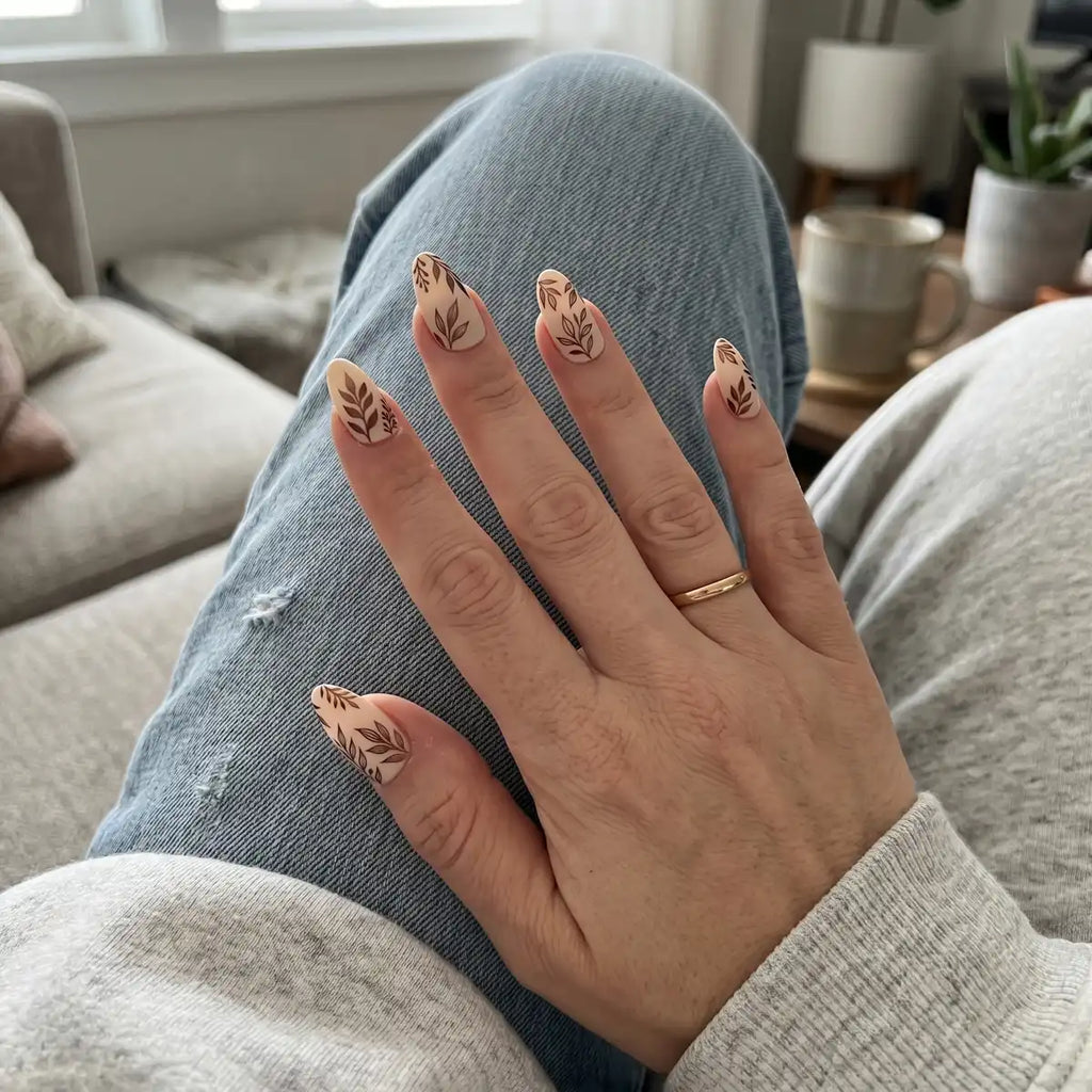 nude brown hand painted almond press on nails metallic leaf mockup 01