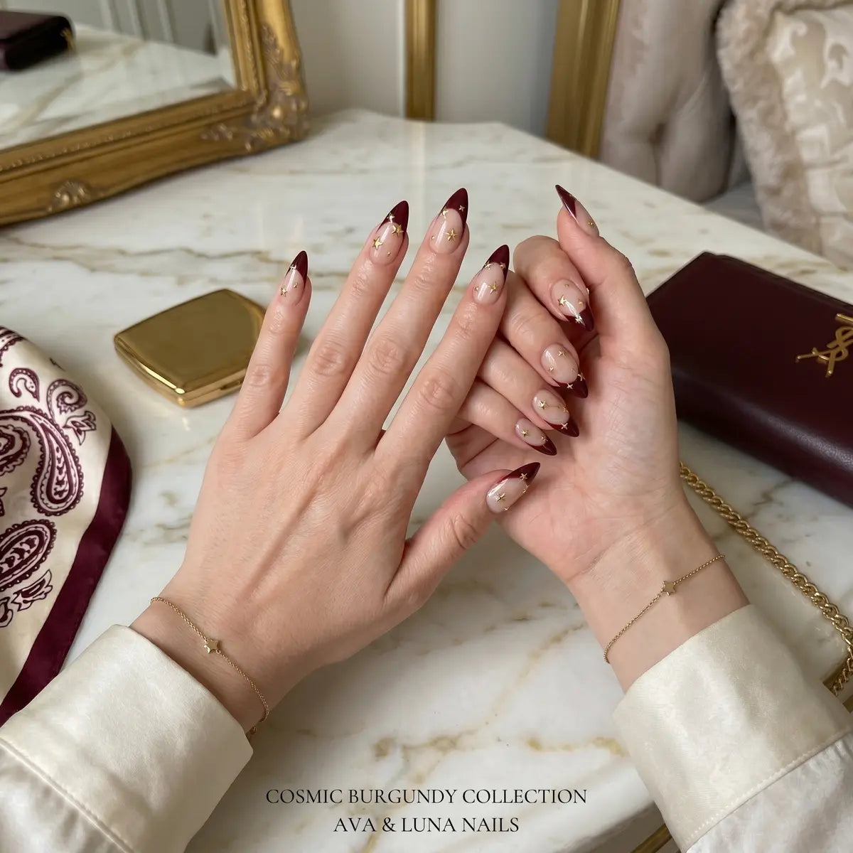 nude burgundy 3d french tip almond press on nails gold star detail 03