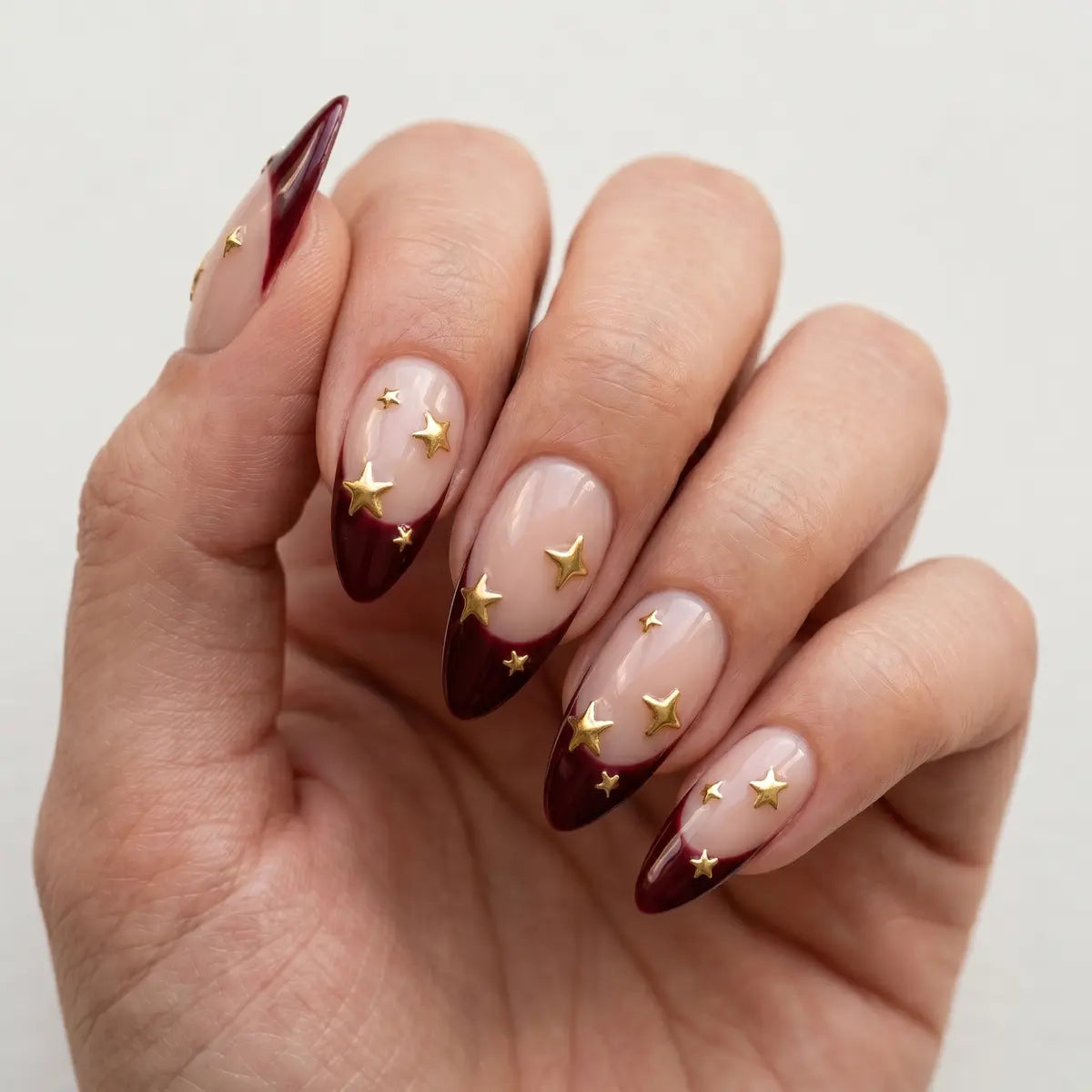 nude burgundy 3d french tip almond press on nails gold star lifestyle 02