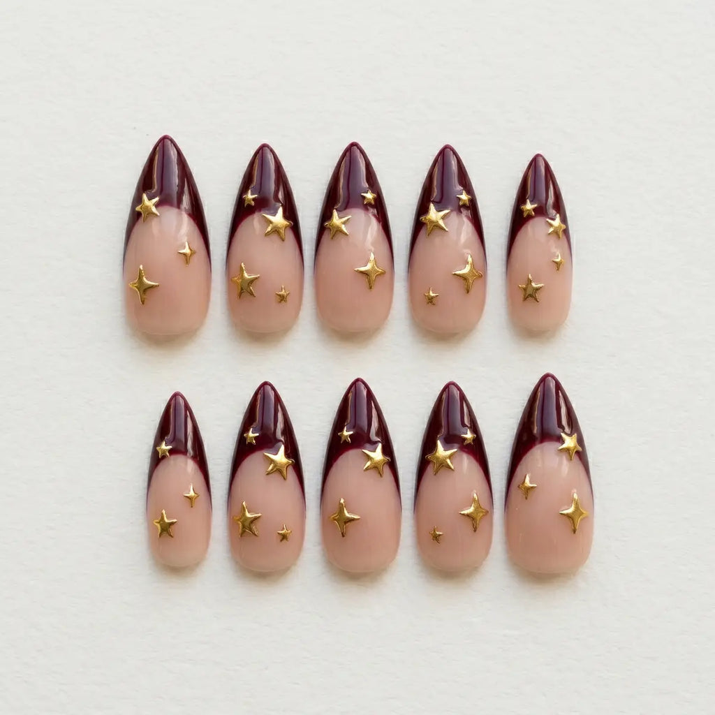 nude burgundy 3d french tip almond press on nails gold star mockup 01