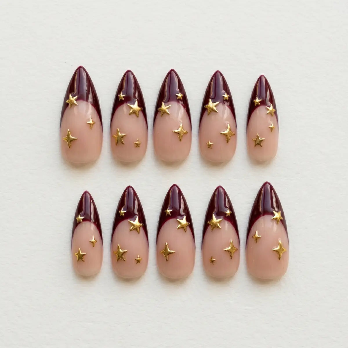 nude burgundy 3d french tip almond press on nails gold star mockup 01
