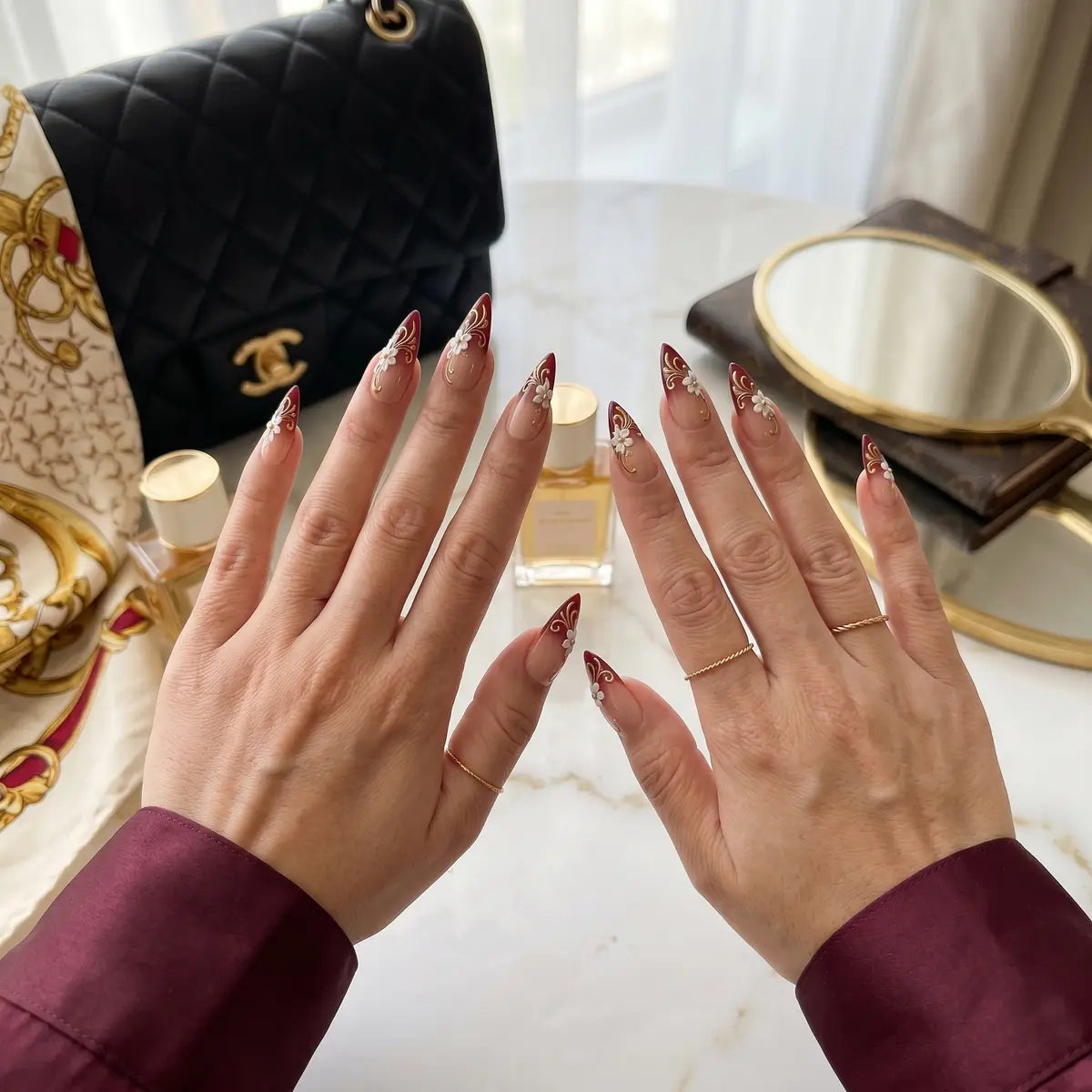 nude burgundy 3d french tip stiletto long press on nails gold floral detail 03