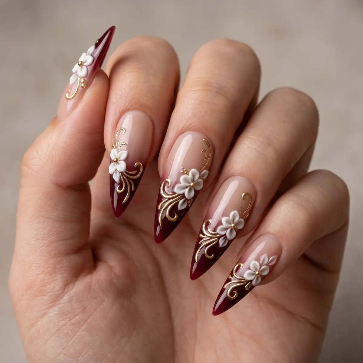 nude burgundy 3d french tip stiletto long press on nails gold floral lifestyle 02