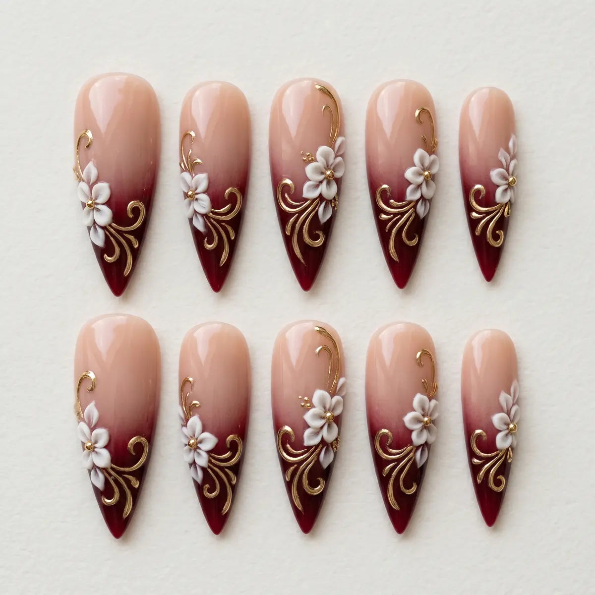 nude burgundy 3d french tip stiletto long press on nails gold floral mockup 01