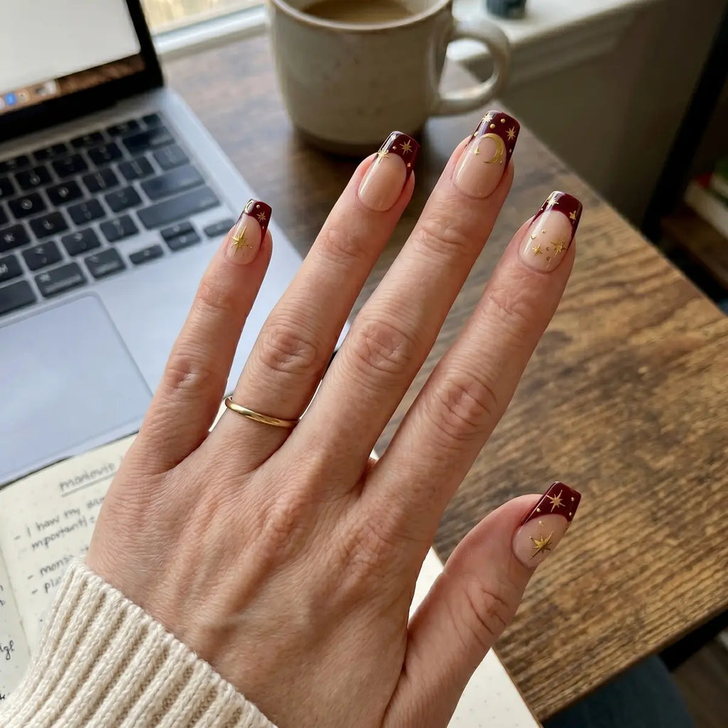 nude burgundy french tip square press on nails gold star moon detail 03