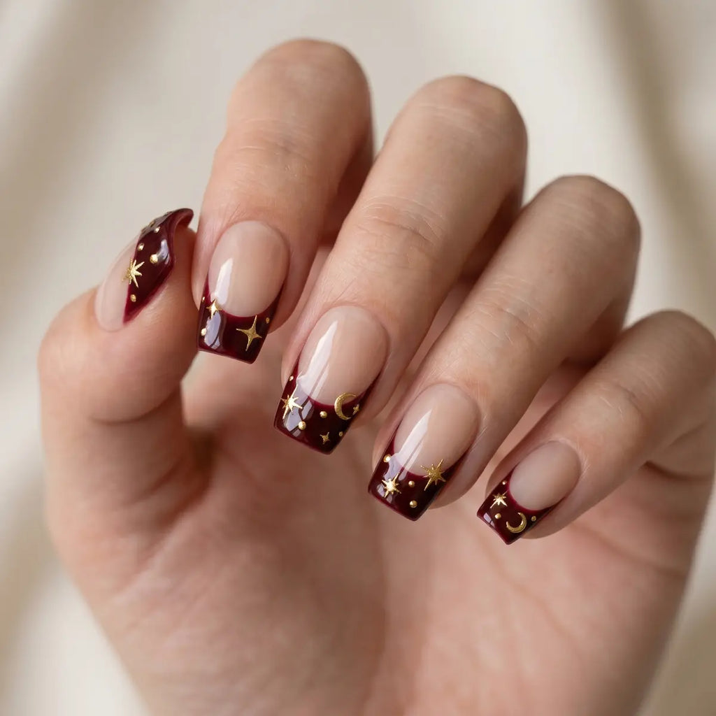 nude burgundy french tip square press on nails gold star moon lifestyle 02