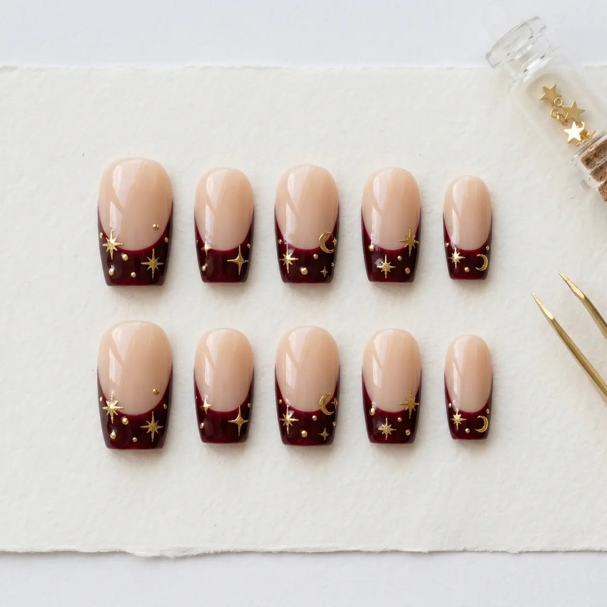 nude burgundy french tip square press on nails gold star moon mockup 01