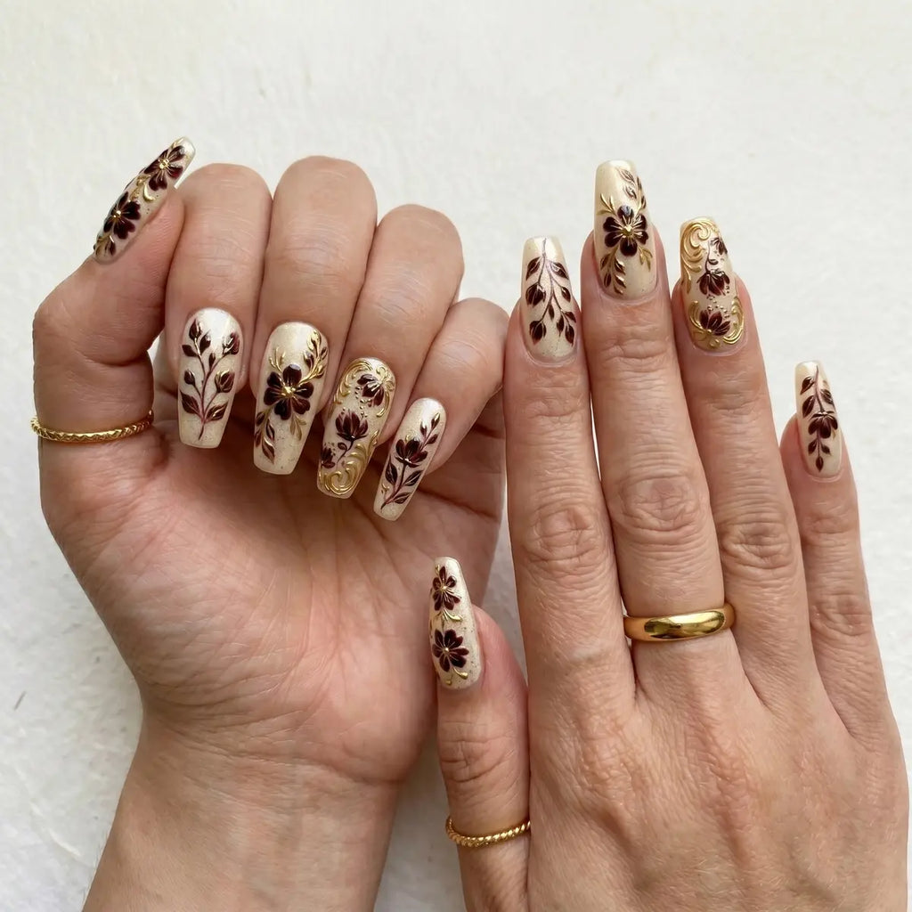 nude burgundy gold 3d coffin long press on nails floral leaf chrome lifestyle 02