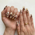 nude burgundy gold 3d coffin long press on nails floral leaf chrome lifestyle 02