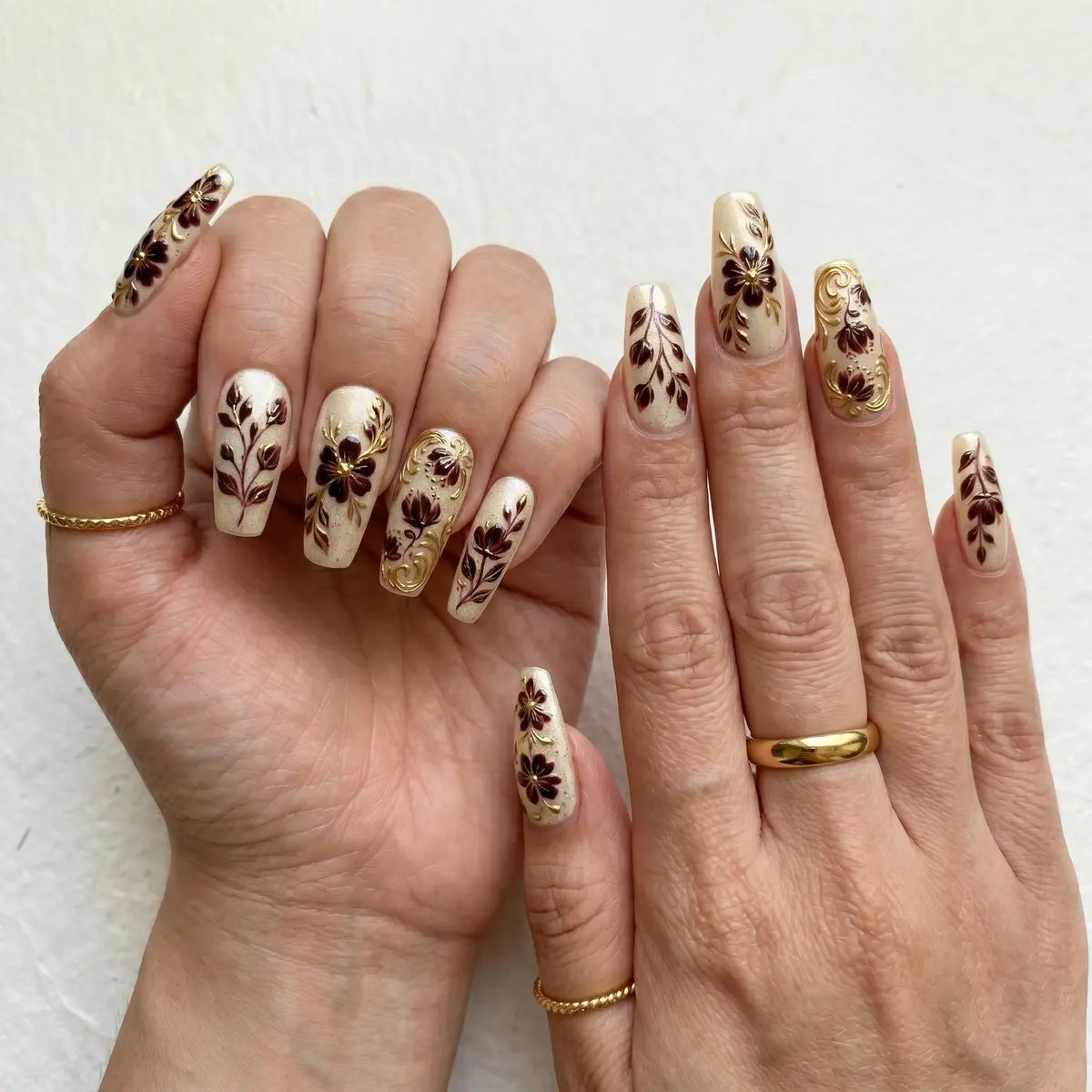 nude burgundy gold 3d coffin long press on nails floral leaf chrome lifestyle 02