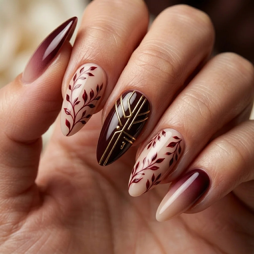 nude burgundy hand painted ombre almond press on nails botanical vine geometric detail 04