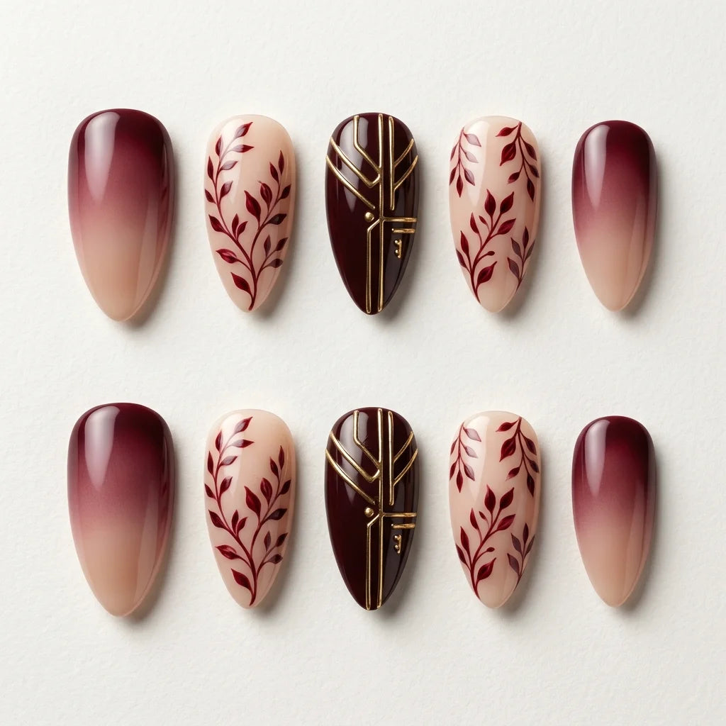 nude burgundy hand painted ombre almond press on nails botanical vine geometric detail 05