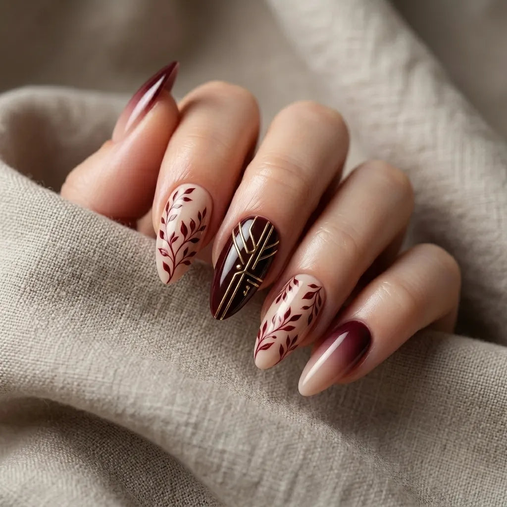 nude burgundy hand painted ombre almond press on nails botanical vine geometric mockup 01