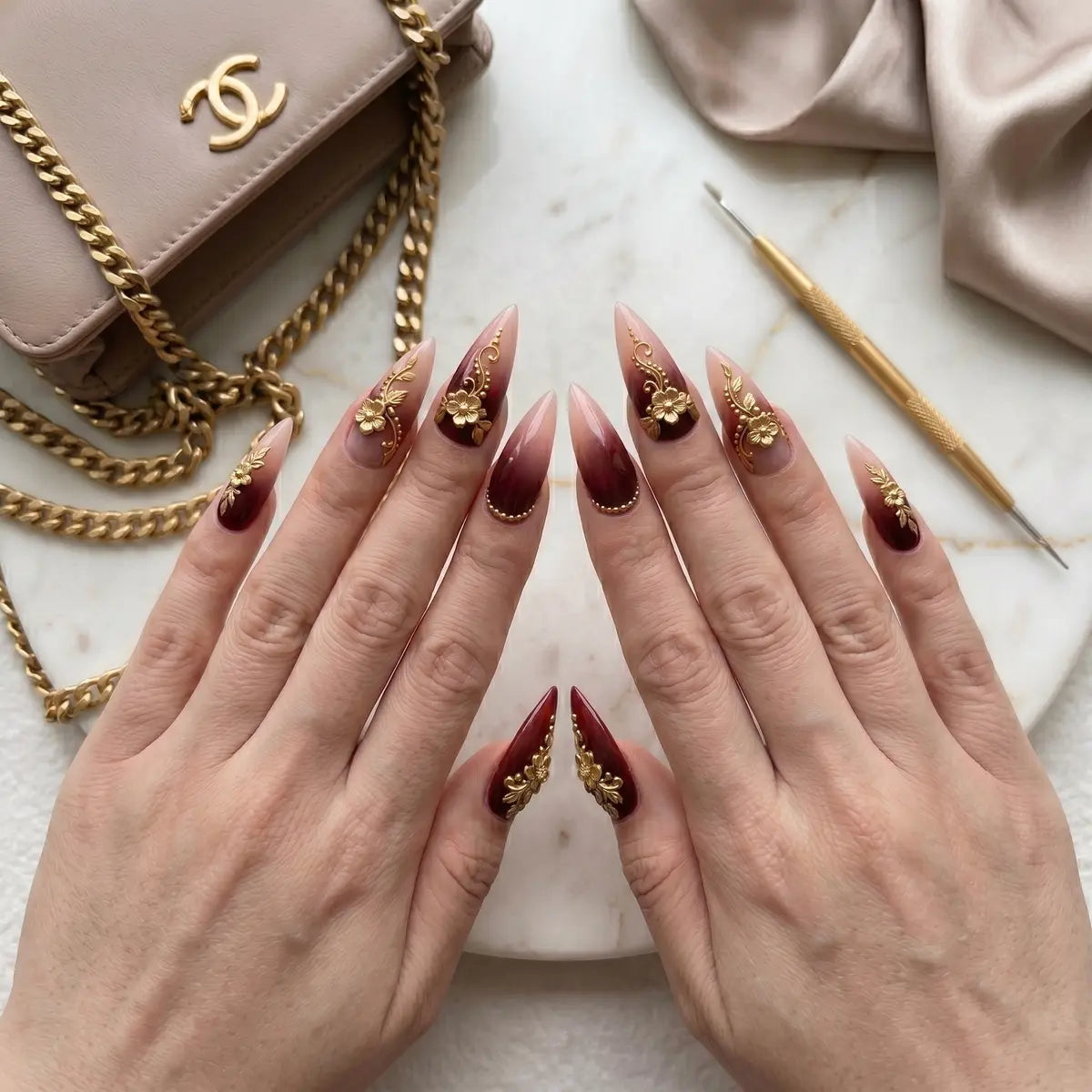 nude burgundy ombre 3d stiletto long press on nails gold floral vine detail 03