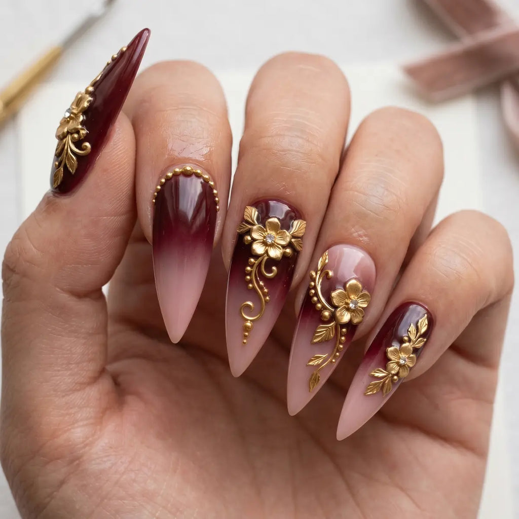 nude burgundy ombre 3d stiletto long press on nails gold floral vine lifestyle 02