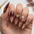 nude burgundy ombre 3d stiletto long press on nails gold floral vine lifestyle 02