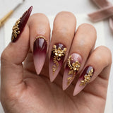 nude burgundy ombre 3d stiletto long press on nails gold floral vine lifestyle 02