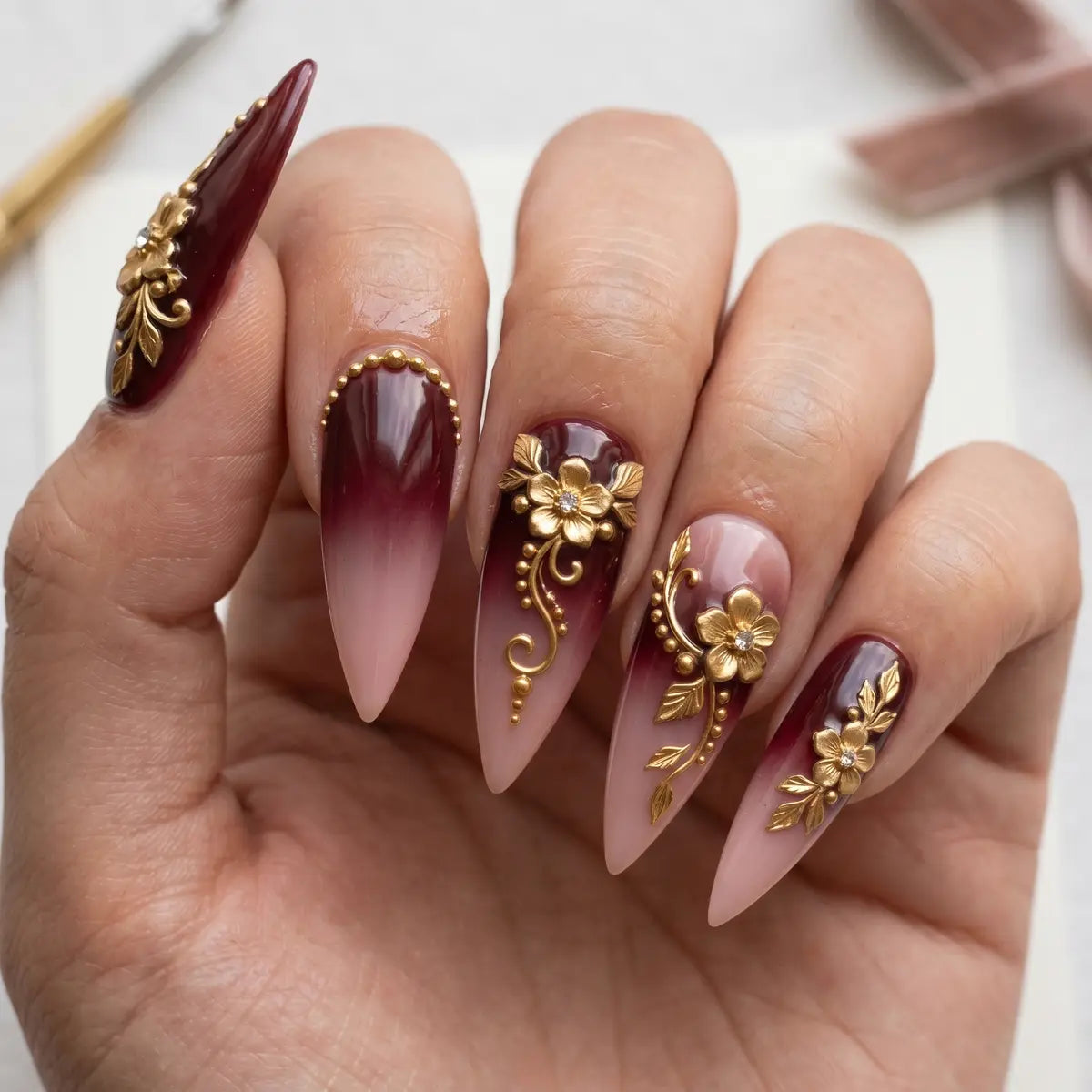 nude burgundy ombre 3d stiletto long press on nails gold floral vine lifestyle 02