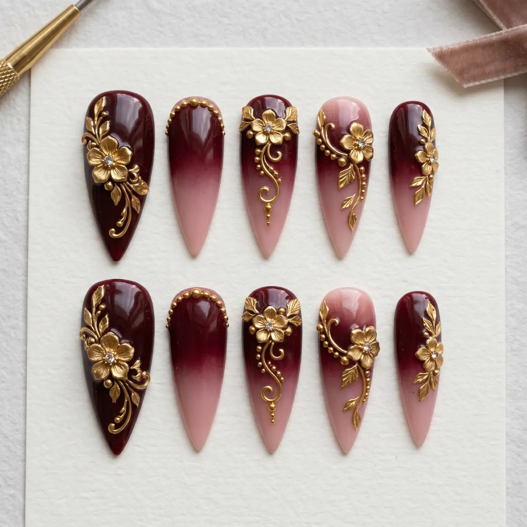 nude burgundy ombre 3d stiletto long press on nails gold floral vine mockup 01