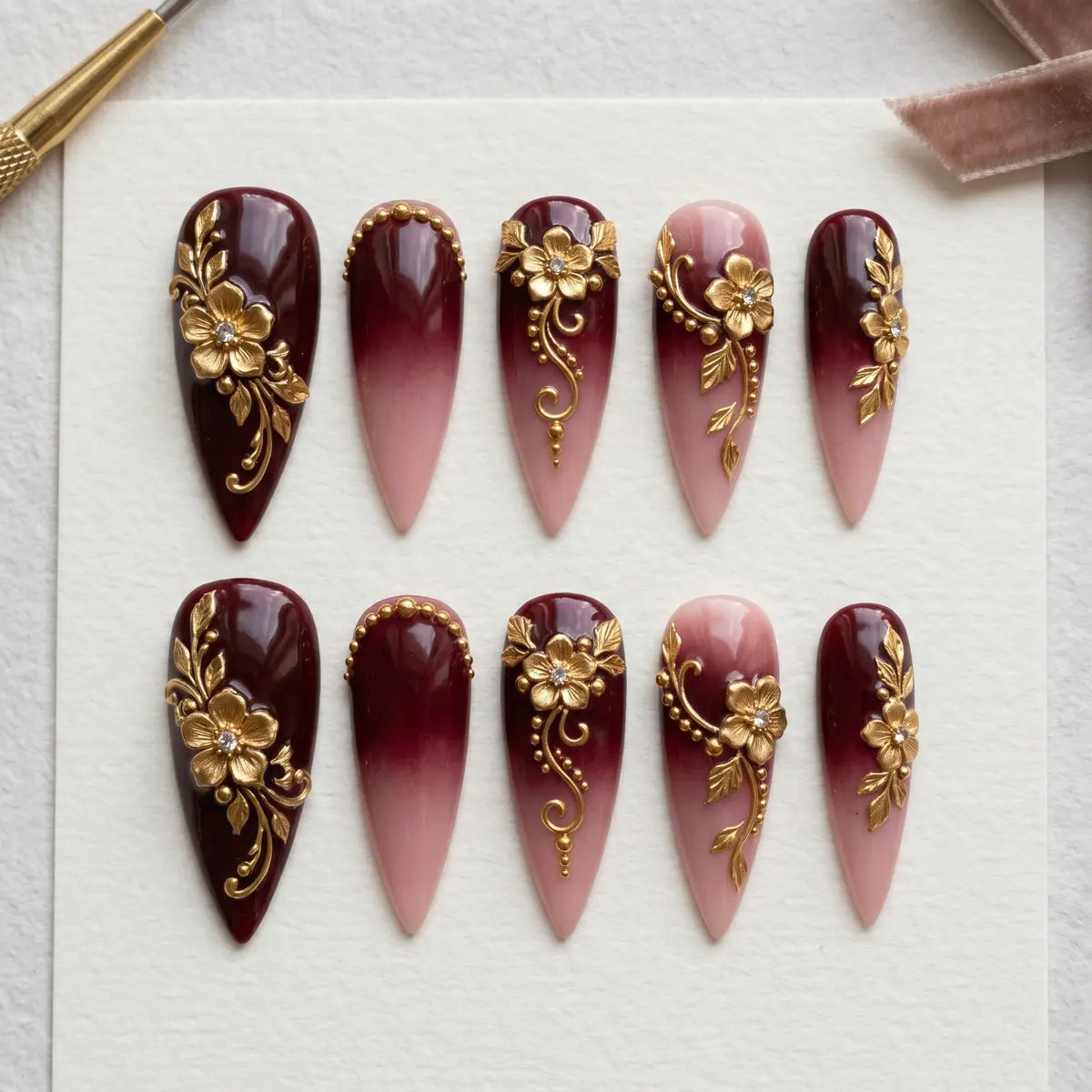 nude burgundy ombre 3d stiletto long press on nails gold floral vine mockup 01
