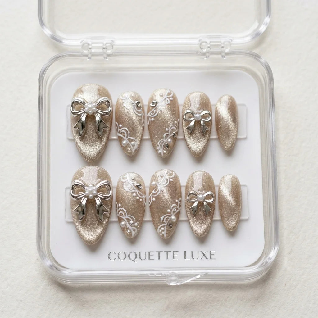 nude cat eye hand painted almond medium press on nails silver ribbon bow lace box 01