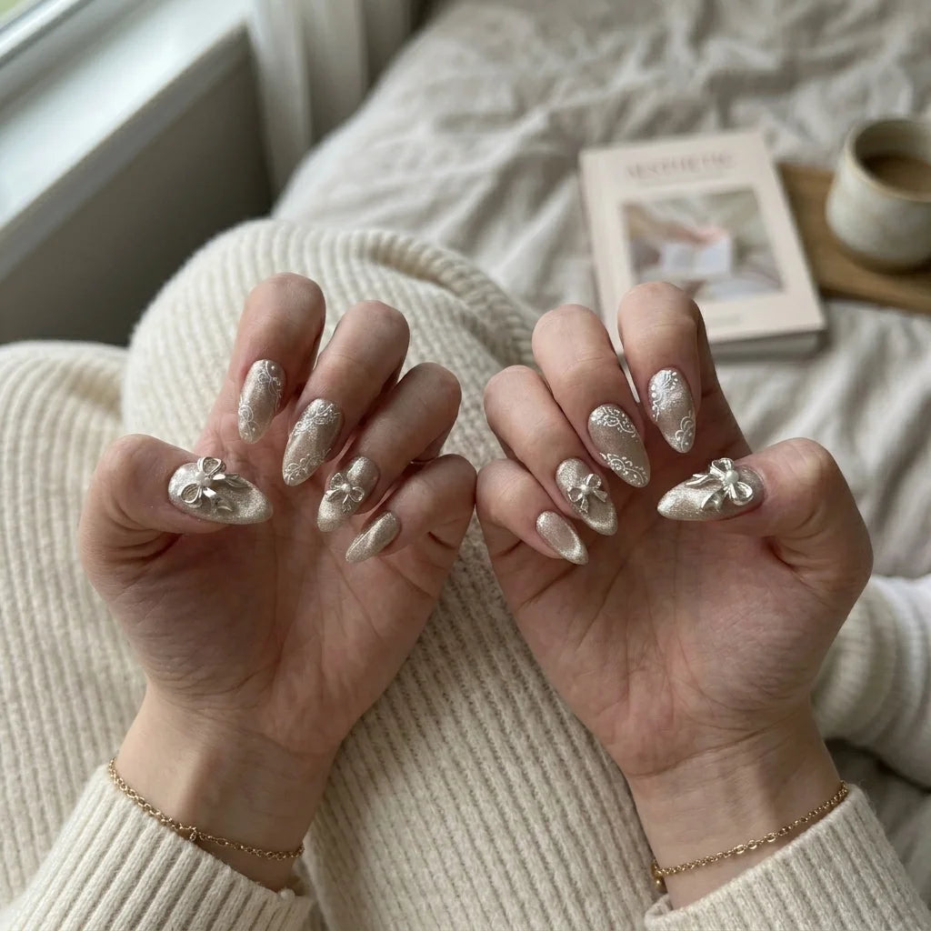 nude cat eye hand painted almond medium press on nails silver ribbon bow lace detail 04