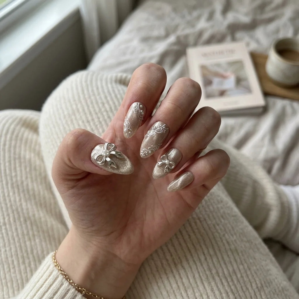 nude cat eye hand painted almond medium press on nails silver ribbon bow lace lifestyle 02