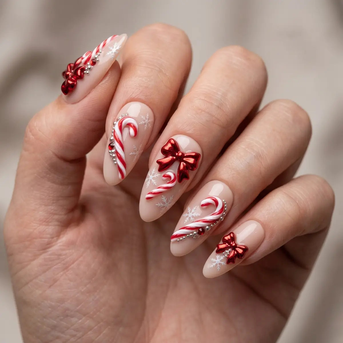 nude christmas 3d almond press on nails candy cane red bow lifestyle 02