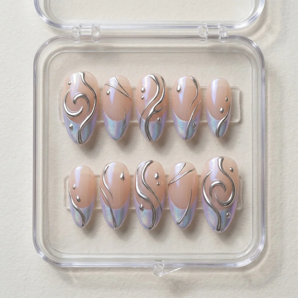 nude chrome almond medium press on nails iridescent wavy box 01