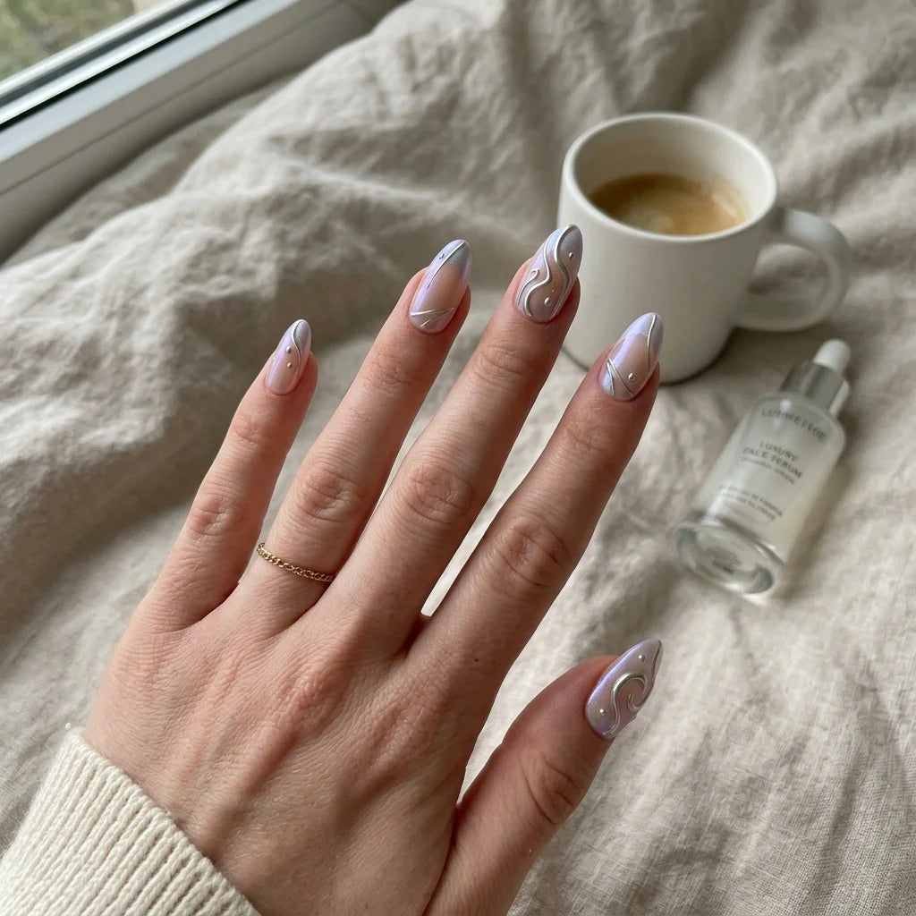 nude chrome almond medium press on nails iridescent wavy detail 04