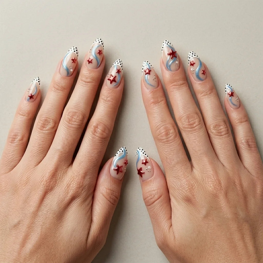 nude french tip 3d almond medium press on nails stars detail 01