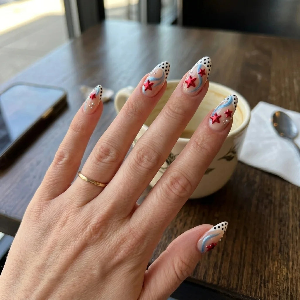 nude french tip 3d almond medium press on nails stars flat lay 01