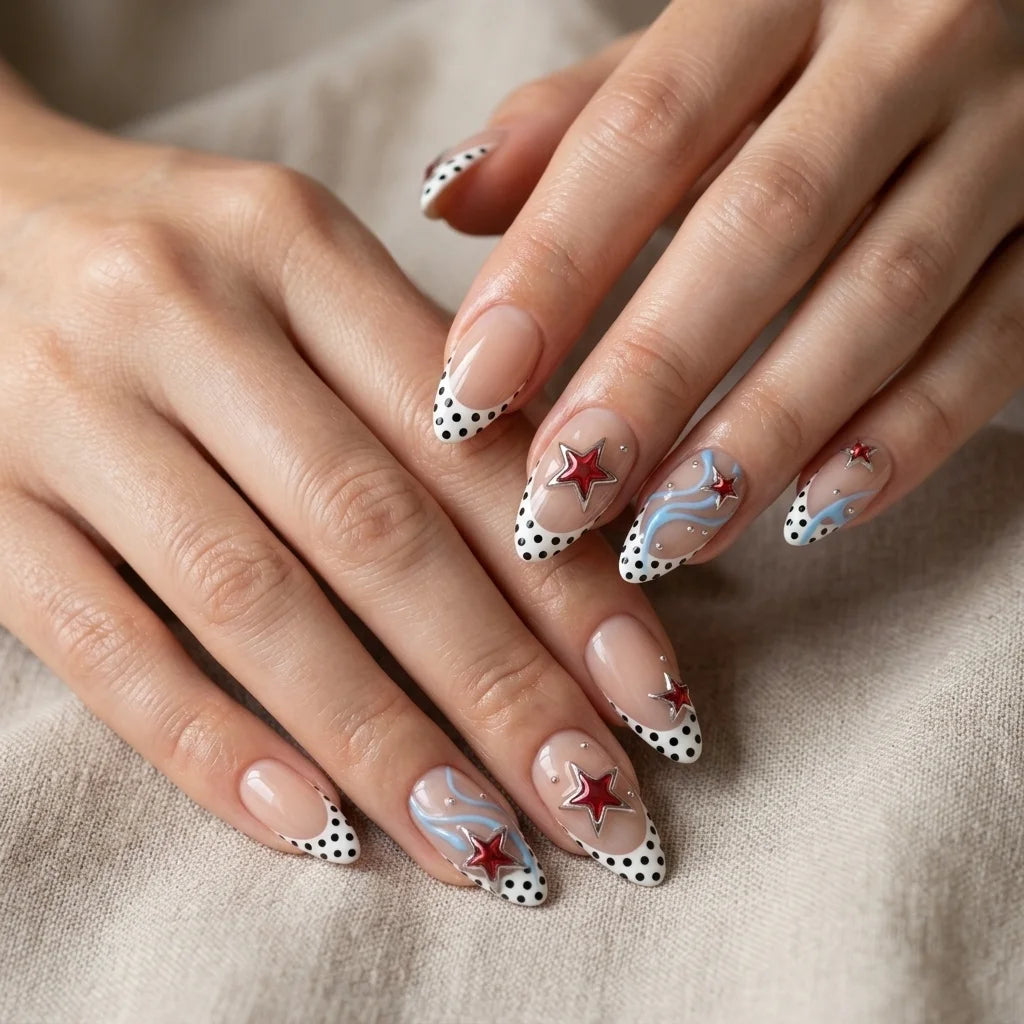 nude french tip 3d almond short press on nails stars flat lay 01