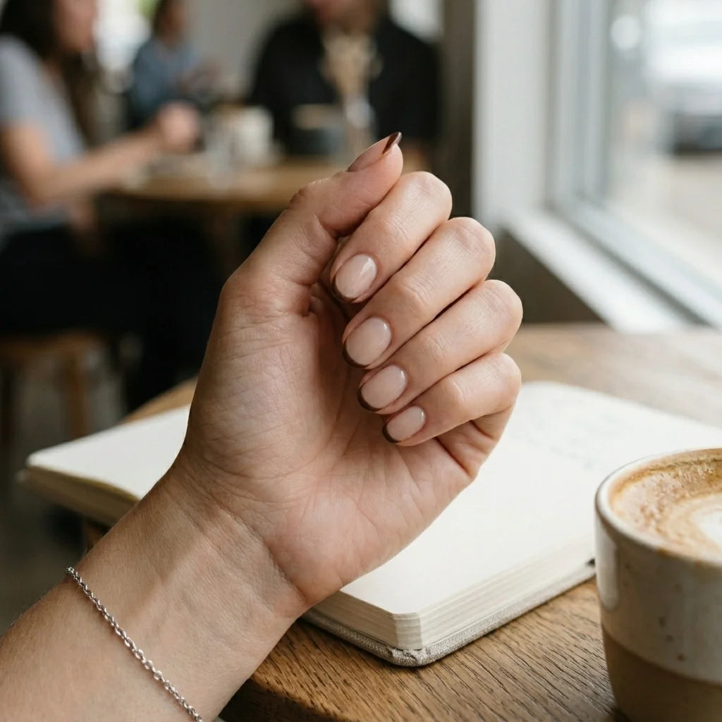 nude french tip oval short press on nails brown thin line detail 03
