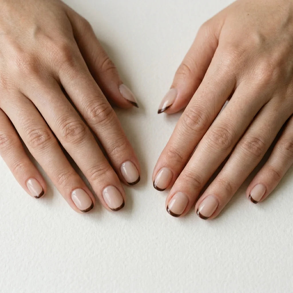 nude french tip oval short press on nails brown thin line flat lay 04