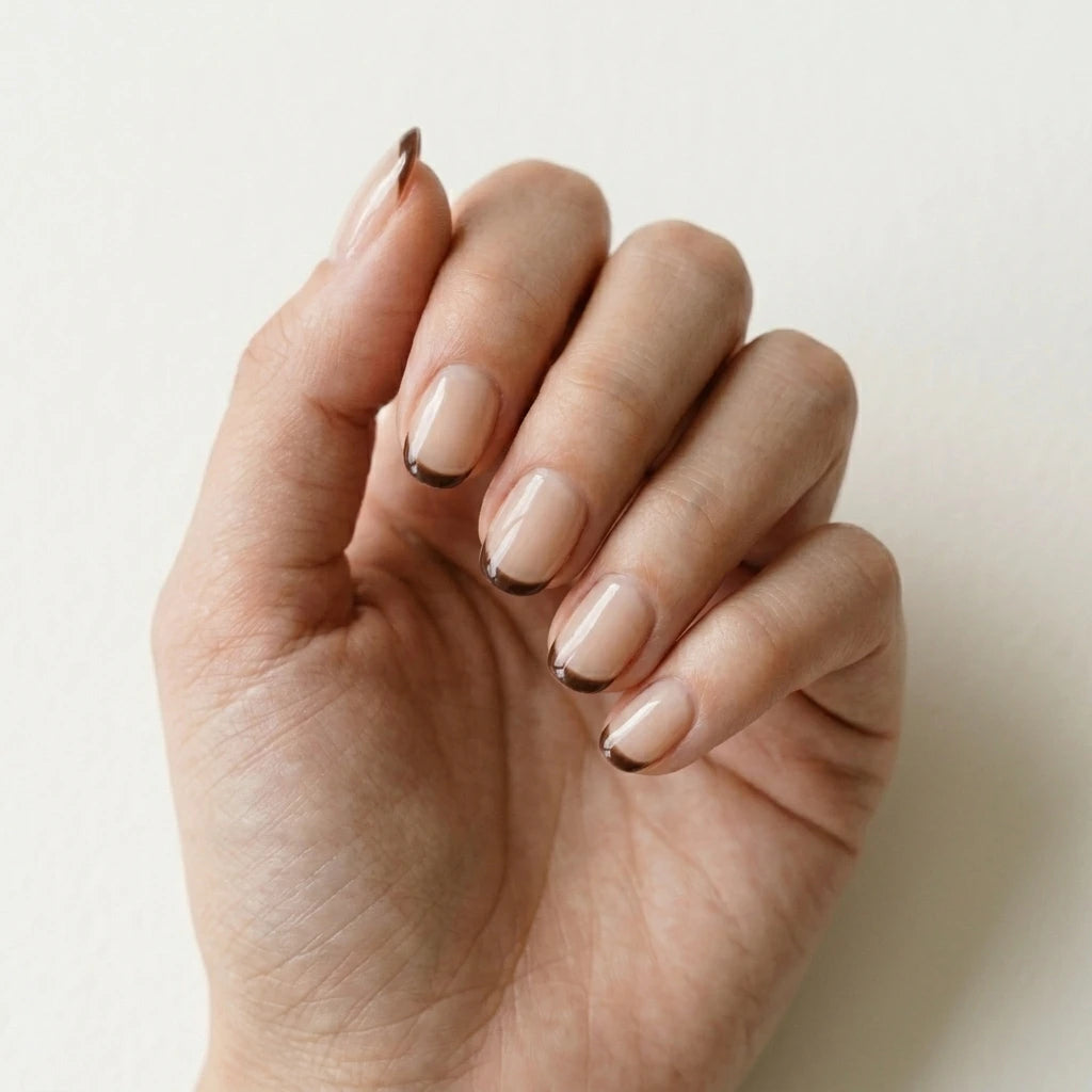 nude french tip oval short press on nails brown thin line lifestyle 02