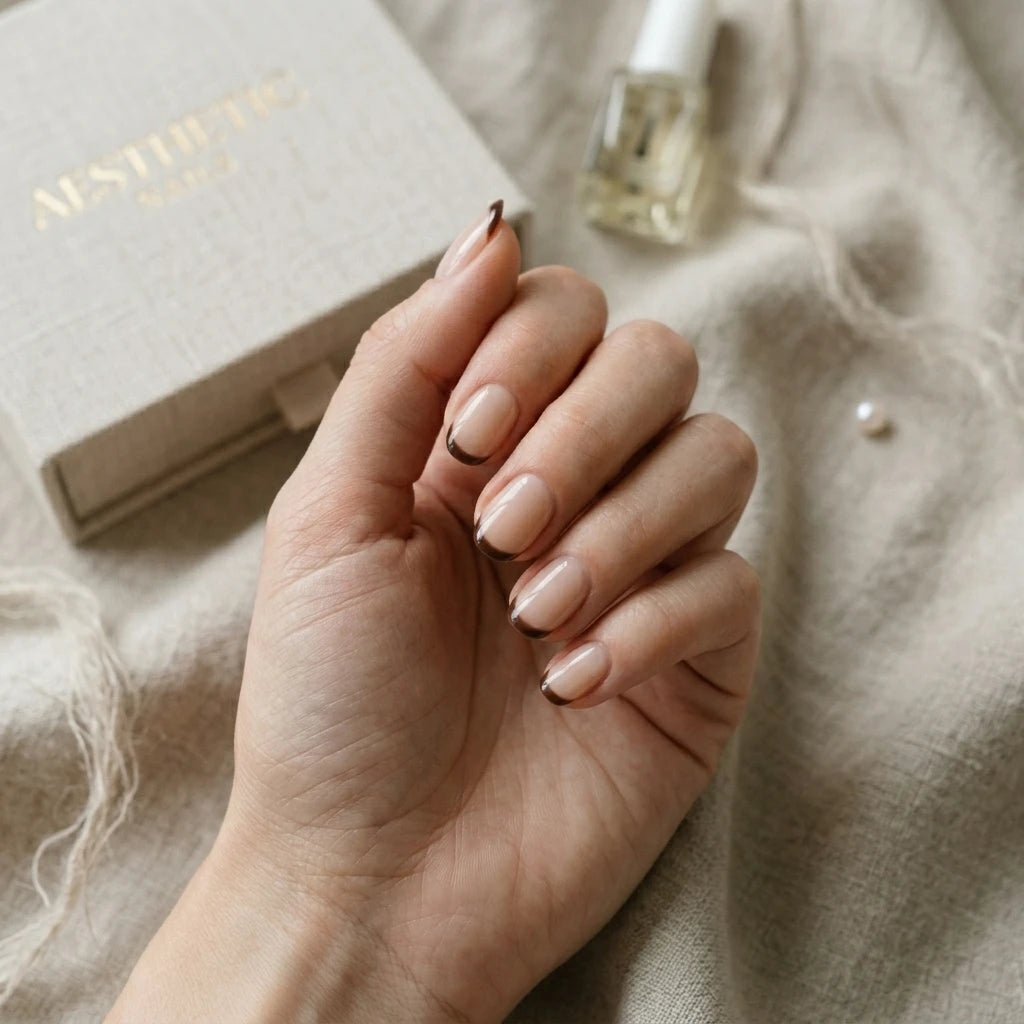 nude french tip oval short press on nails brown thin line mockup 01
