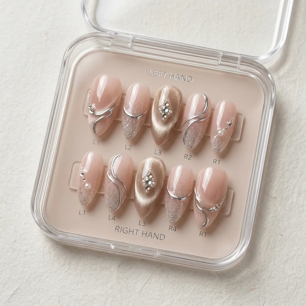 nude glitter almond medium press on nails silver swirl flat lay 01