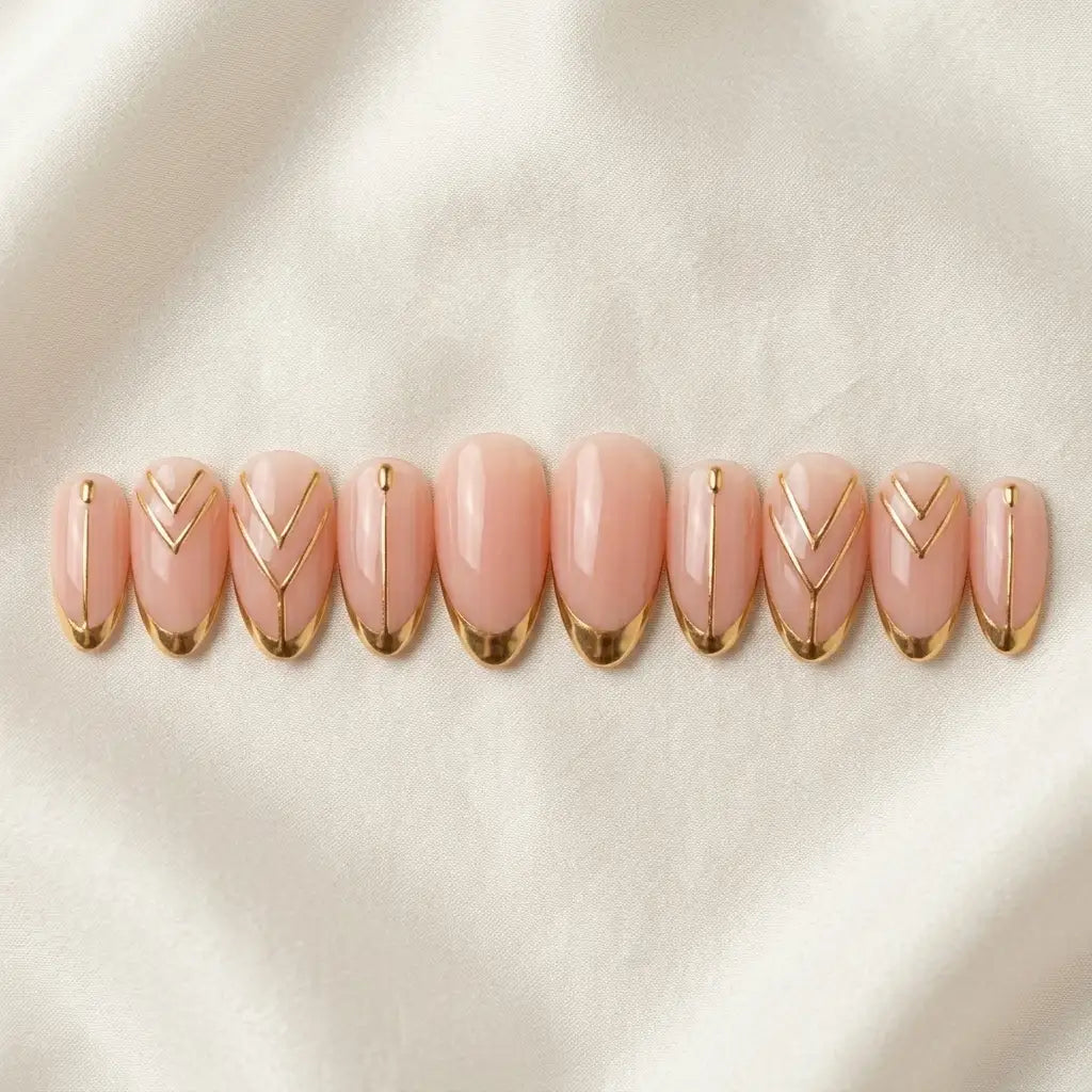 nude gold chrome french tip almond press on nails chevron stripe detail 01