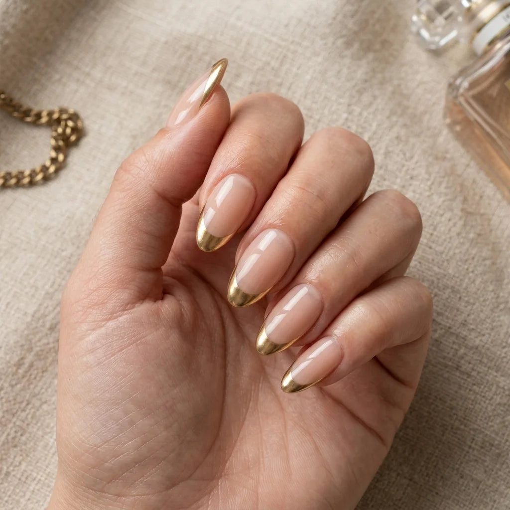 nude gold chrome french tip almond press on nails elegant mockup 01